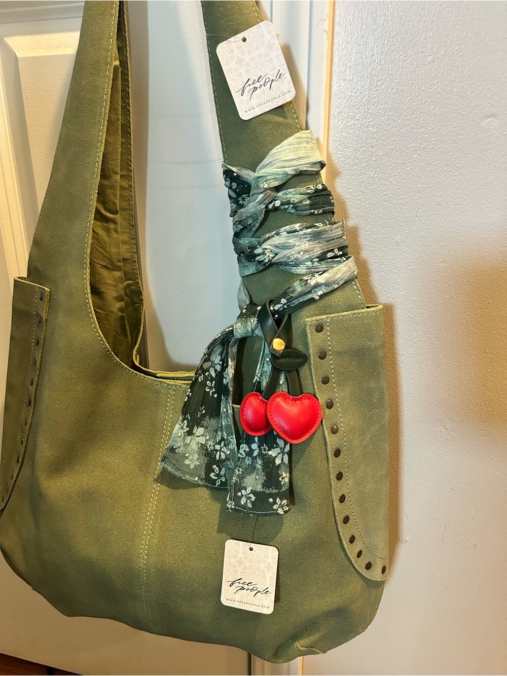 NWT Free People Matcha Rori Suede Tote  w/ FP Ultra Skinny Scarf & Cherry Charm - Picture 4 of 16